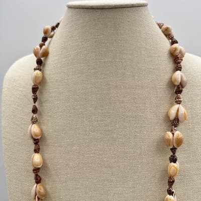 Vintage 90s Cream & Brown Cowry Spiral Shell Necklace Women's Jewelry Boho Bib - Thumbnail 3