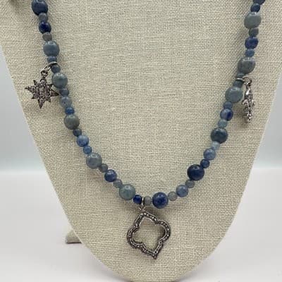Vintage 90s Blue Stone Beaded Multi Charm Silver Tone Necklace Boho Jewelry Y2K - Thumbnail 3