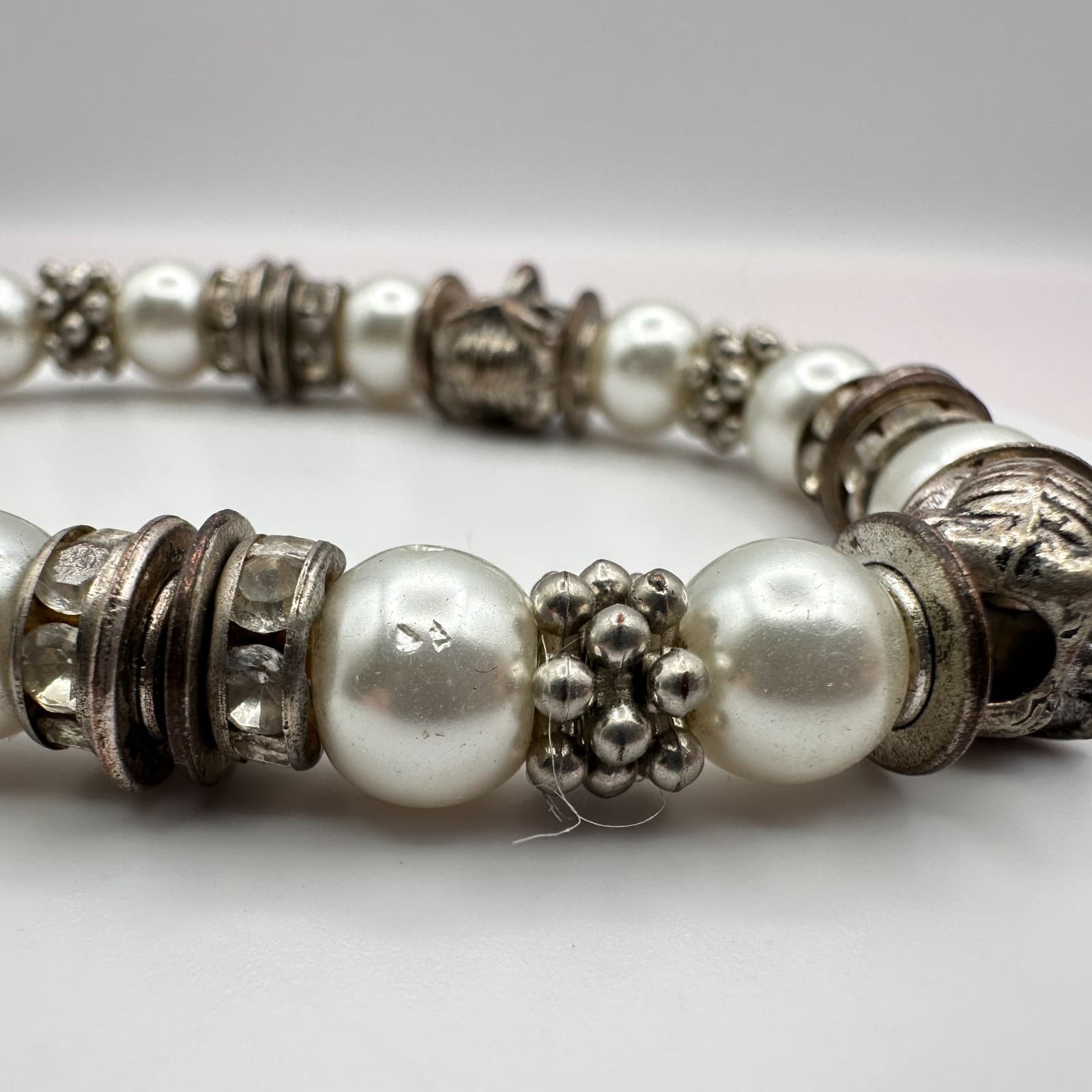 Vintage 90s Silver Owl Faux Pearl Beaded Stretch Bracelet Boho Eclectic Jewelry - Thumbnail 6