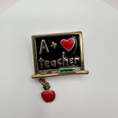Vintage 90s Teacher A+ Blackboard Brooch Pin Gold Tone Red Apple Dangle Enamel - Thumbnail 2