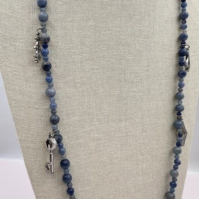 Vintage 90s Blue Stone Beaded Multi Charm Silver Tone Necklace Boho Jewelry Y2K - Thumbnail 4