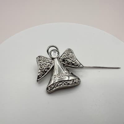 Vintage Y2K Peace Rhinestone Guardian Angel Silver Tone Brooch Pin Jewelry 90s - Thumbnail 5