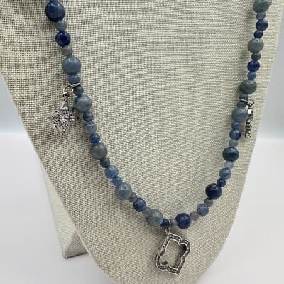 Vintage 90s Blue Stone Beaded Multi Charm Silver Tone Necklace Boho Jewelry Y2K - Thumbnail 5
