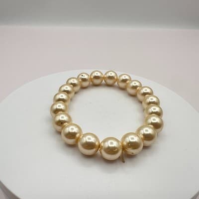Vintage 90s Chunky Cream Faux Pearl Stretch Bracelet Bngle Costume retro Jewelry - Thumbnail 4