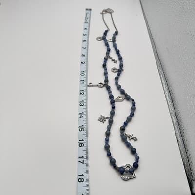Vintage 90s Blue Stone Beaded Multi Charm Silver Tone Necklace Boho Jewelry Y2K - Thumbnail 10