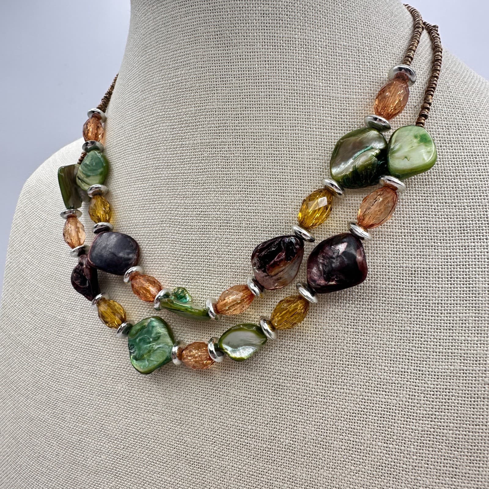 Vintage 90s Multi-Strand Shell & Earth Tone Beaded Necklace Statement Jewelry - Thumbnail 2