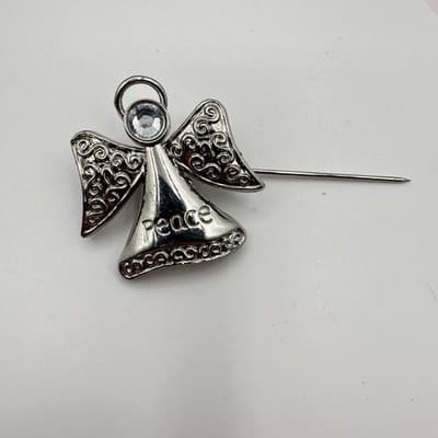 Vintage Y2K Peace Rhinestone Guardian Angel Silver Tone Brooch Pin Jewelry 90s - Thumbnail 4