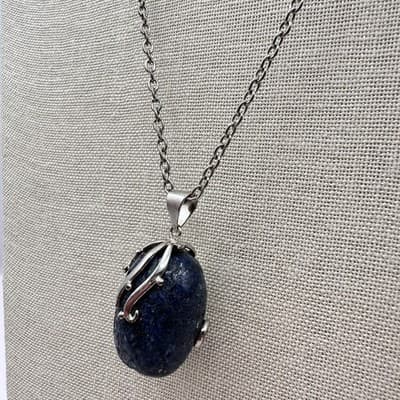 Vintage 90s Silver Tone Oval Blue Sodalite Stone Pendant Necklace Boho Bib Y2K - Thumbnail 7