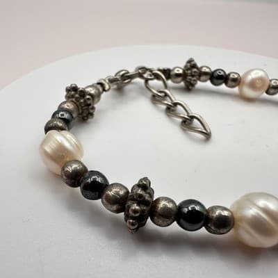 Vintage 90s Faux Pearl Beaded Silver Tone Bracelet Boho Women's Classic Jewelry - Thumbnail 4