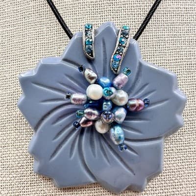 Vintage 90s Mixed Pearl Crystal Flower Pendant Necklace Silver Tone Jewelry Y2K - Thumbnail 4
