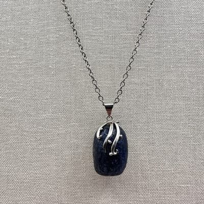 Vintage 90s Silver Tone Oval Blue Sodalite Stone Pendant Necklace Boho Bib Y2K - Thumbnail 2
