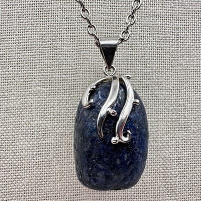 Vintage 90s Silver Tone Oval Blue Sodalite Stone Pendant Necklace Boho Bib Y2K - Thumbnail 4