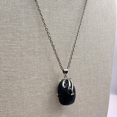 Vintage 90s Silver Tone Oval Blue Sodalite Stone Pendant Necklace Boho Bib Y2K - Thumbnail 9