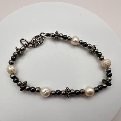 Vintage 90s Faux Pearl Beaded Silver Tone Bracelet Boho Women's Classic Jewelry - Thumbnail 3