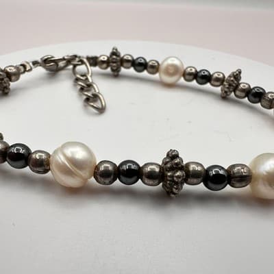 Vintage 90s Faux Pearl Beaded Silver Tone Bracelet Boho Women's Classic Jewelry - Thumbnail 5