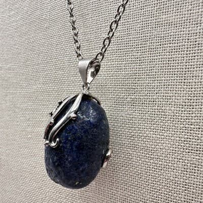 Vintage 90s Silver Tone Oval Blue Sodalite Stone Pendant Necklace Boho Bib Y2K - Thumbnail 6