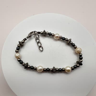 Vintage 90s Faux Pearl Beaded Silver Tone Bracelet Boho Women's Classic Jewelry - Thumbnail 6