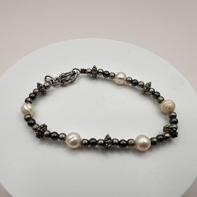 Vintage 90s Faux Pearl Beaded Silver Tone Bracelet Boho Women's Classic Jewelry - Thumbnail 2
