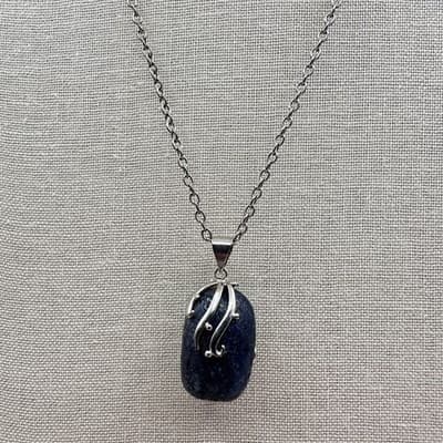 Vintage 90s Silver Tone Oval Blue Sodalite Stone Pendant Necklace Boho Bib Y2K - Thumbnail 8