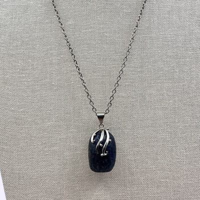 Vintage 90s Silver Tone Oval Blue Sodalite Stone Pendant Necklace Boho Bib Y2K - Thumbnail 3