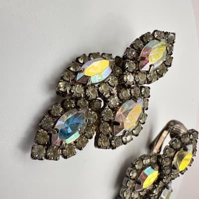 Vintage 80s AB Rhinestone Marquise Earrings Silver Tone Statement Women's Jewelr - Thumbnail 6