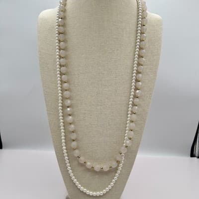 Vintage 80s Double Strand Pearl Faceted Glass Beaded Necklace Fashion Jewelry - Thumbnail 2