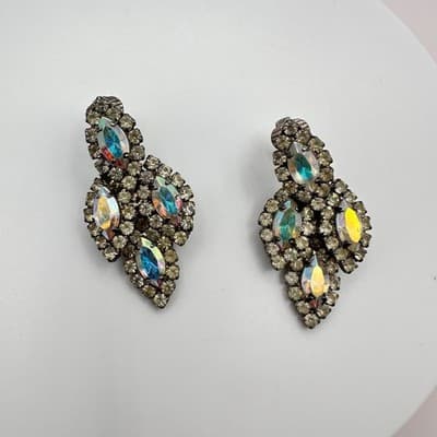 Vintage 80s AB Rhinestone Marquise Earrings Silver Tone Statement Women's Jewelr - Thumbnail 3