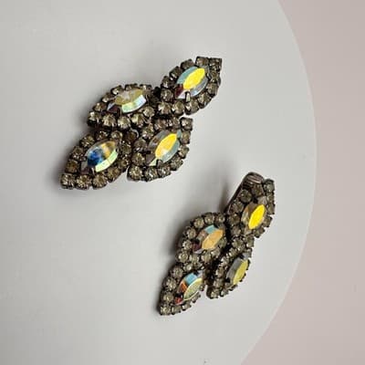 Vintage 80s AB Rhinestone Marquise Earrings Silver Tone Statement Women's Jewelr - Thumbnail 4