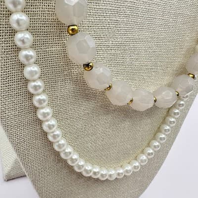 Vintage 80s Double Strand Pearl Faceted Glass Beaded Necklace Fashion Jewelry - Thumbnail 5