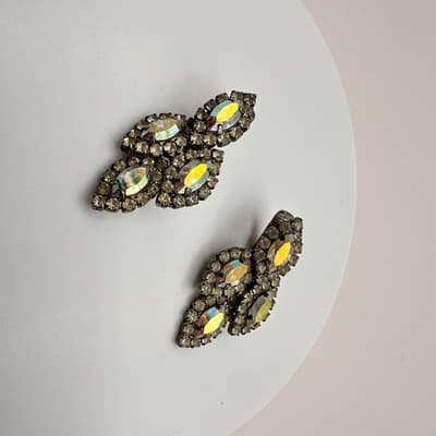 Vintage 80s AB Rhinestone Marquise Earrings Silver Tone Statement Women's Jewelr - Thumbnail 5