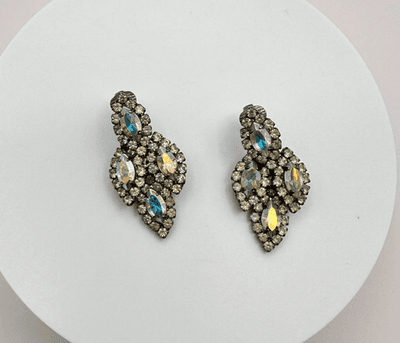 Vintage 80s AB Rhinestone Marquise Earrings Silver Tone Statement Women's Jewelr - Thumbnail 2