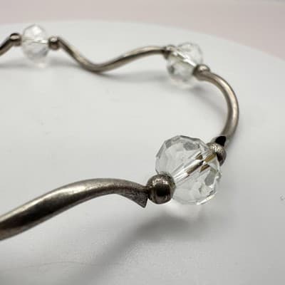 Vintage 90s Silver Tone Wave Link Bracelet Clear Glass Beaded Women's Jewelry - Thumbnail 5