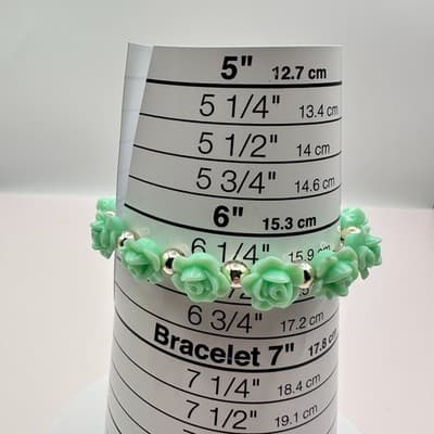 Vintage Y2K Beaded Silver Tone Mint Green Rose Floral Stretch Bracelet Jewelry - Thumbnail 7