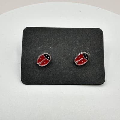 Vintage 90s Red Enamel Ladybug Stud Earrings Silver Tone Jewelry Dainty Nature - Thumbnail 7