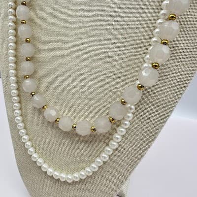 Vintage 80s Double Strand Pearl Faceted Glass Beaded Necklace Fashion Jewelry - Thumbnail 6