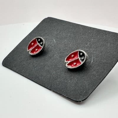 Vintage 90s Red Enamel Ladybug Stud Earrings Silver Tone Jewelry Dainty Nature - Thumbnail 5