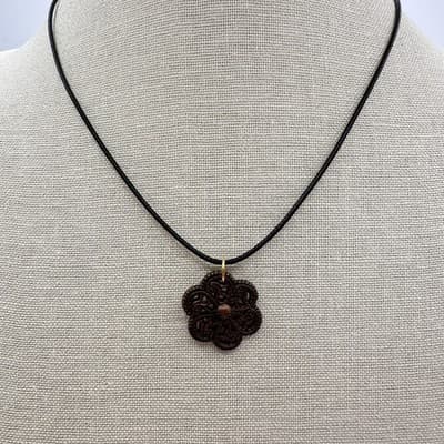 Vintage 90s Black Cord Brown Flower Pendant Necklace Silver Tone Jewelry Retro - Thumbnail 2