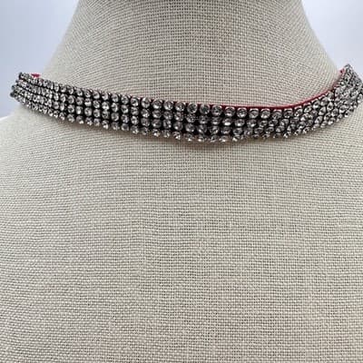 Vintage Y2K Multi Row Clear Rhinestone Choker Necklace Red Fabric Backing Glam - Thumbnail 2
