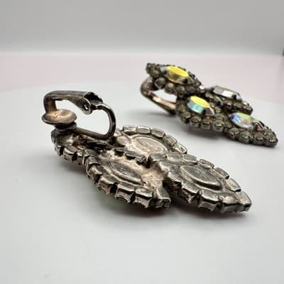 Vintage 80s AB Rhinestone Marquise Earrings Silver Tone Statement Women's Jewelr - Thumbnail 7