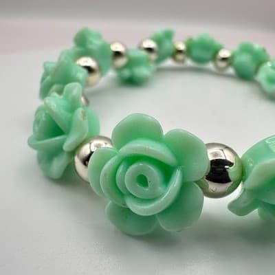 Vintage Y2K Beaded Silver Tone Mint Green Rose Floral Stretch Bracelet Jewelry - Thumbnail 3
