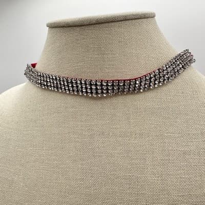 Vintage Y2K Multi Row Clear Rhinestone Choker Necklace Red Fabric Backing Glam - Thumbnail 7
