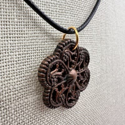 Vintage 90s Black Cord Brown Flower Pendant Necklace Silver Tone Jewelry Retro - Thumbnail 4