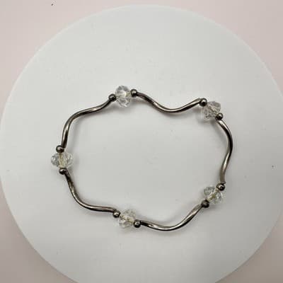 Vintage 90s Silver Tone Wave Link Bracelet Clear Glass Beaded Women's Jewelry - Thumbnail 6