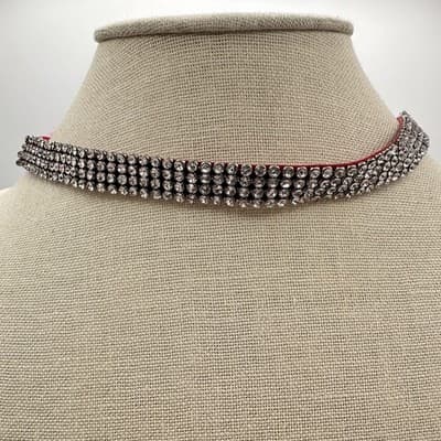 Vintage Y2K Multi Row Clear Rhinestone Choker Necklace Red Fabric Backing Glam - Thumbnail 5