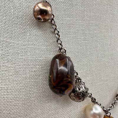 Vintage 90s Silver Tone Beaded Charm Link Chain Necklace Women's Jewelry Boho - Thumbnail 4