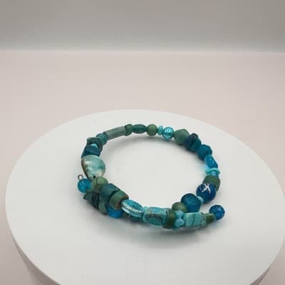 Vintage 90s Booho Teal Turquoise Blue Stones Wrap Bracelet Beachy Hippie Jewelry - Thumbnail 4