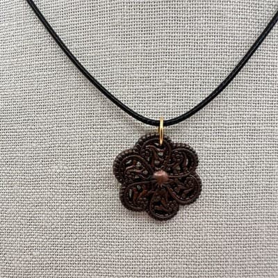 Vintage 90s Black Cord Brown Flower Pendant Necklace Silver Tone Jewelry Retro - Thumbnail 3