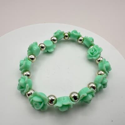 Vintage Y2K Beaded Silver Tone Mint Green Rose Floral Stretch Bracelet Jewelry - Thumbnail 5