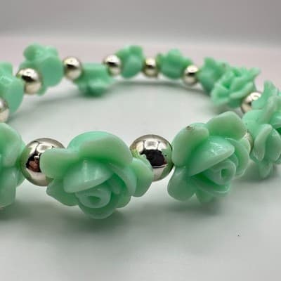 Vintage Y2K Beaded Silver Tone Mint Green Rose Floral Stretch Bracelet Jewelry - Thumbnail 4