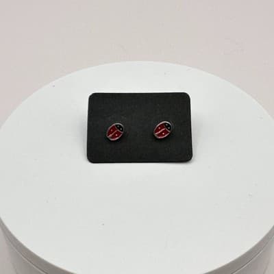 Vintage 90s Red Enamel Ladybug Stud Earrings Silver Tone Jewelry Dainty Nature - Thumbnail 6